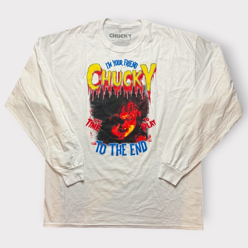 Chucky Childs Play Horror Movie Graphic Long Sleeve Shirt White Mens XL